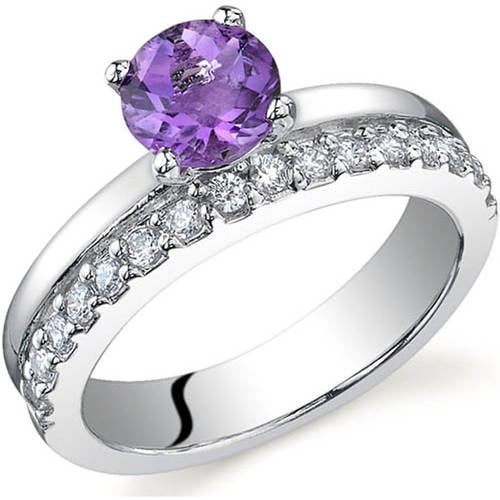 Brilliant Round Amethyst w Clear CZ Genuine Silver Wedding Engagement Ring Set